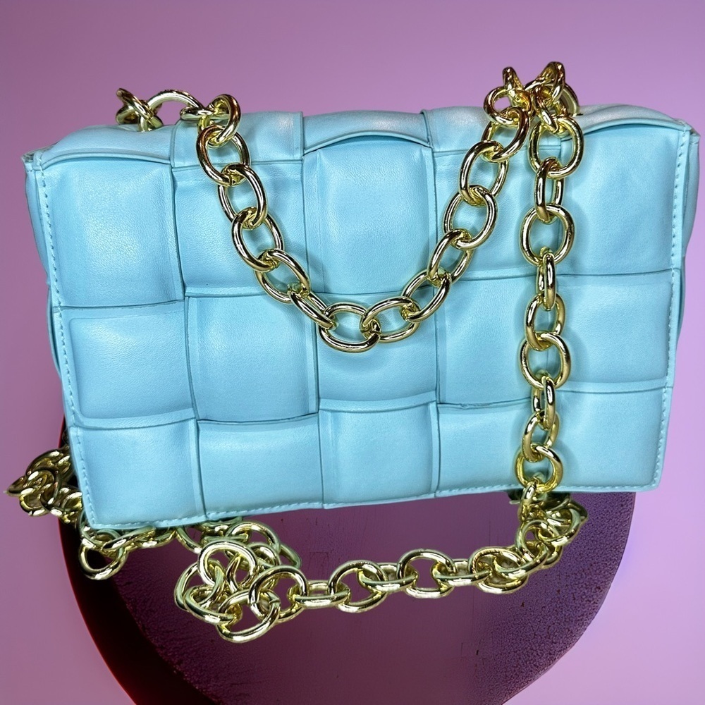 NEW Luxe Sky Blue Woven Vegan Leather Goldtone Chain Top Handle / Shoulder Bag